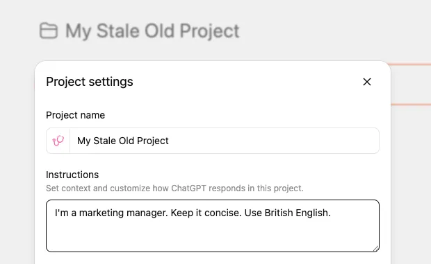 A typical ChatGPT project with thin, stale instructions